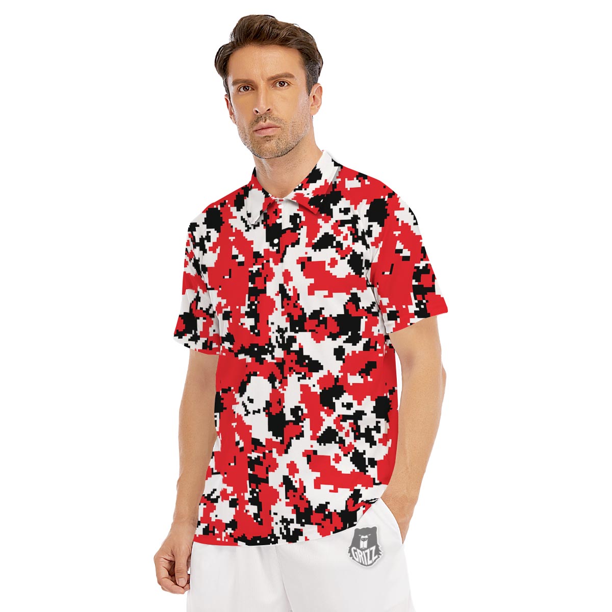 Digital Camo Red White And Black Print Pattern Men's Golf Shirts-grizzshop