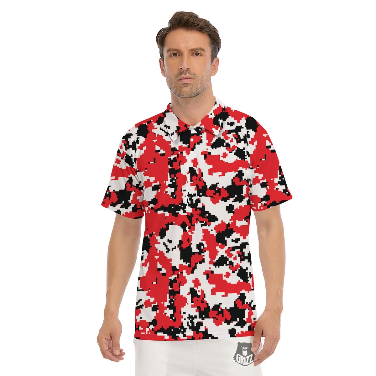 Digital Camo Red White And Black Print Pattern Men's Golf Shirts-grizzshop