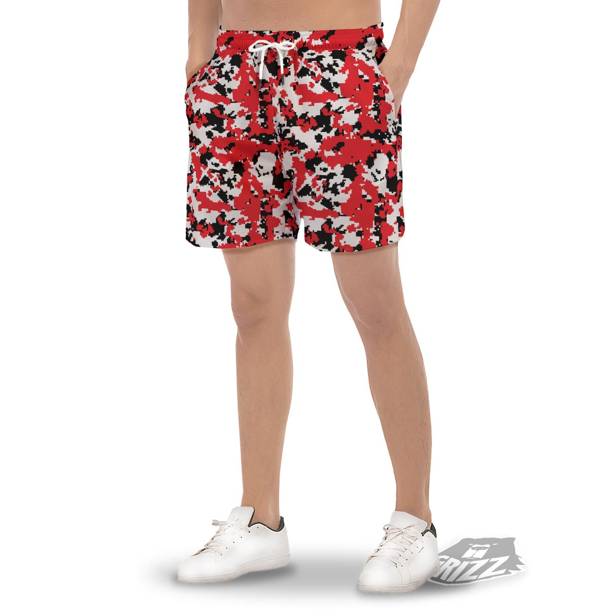 Digital Camo Red White And Black Print Pattern Men's Gym Shorts-grizzshop