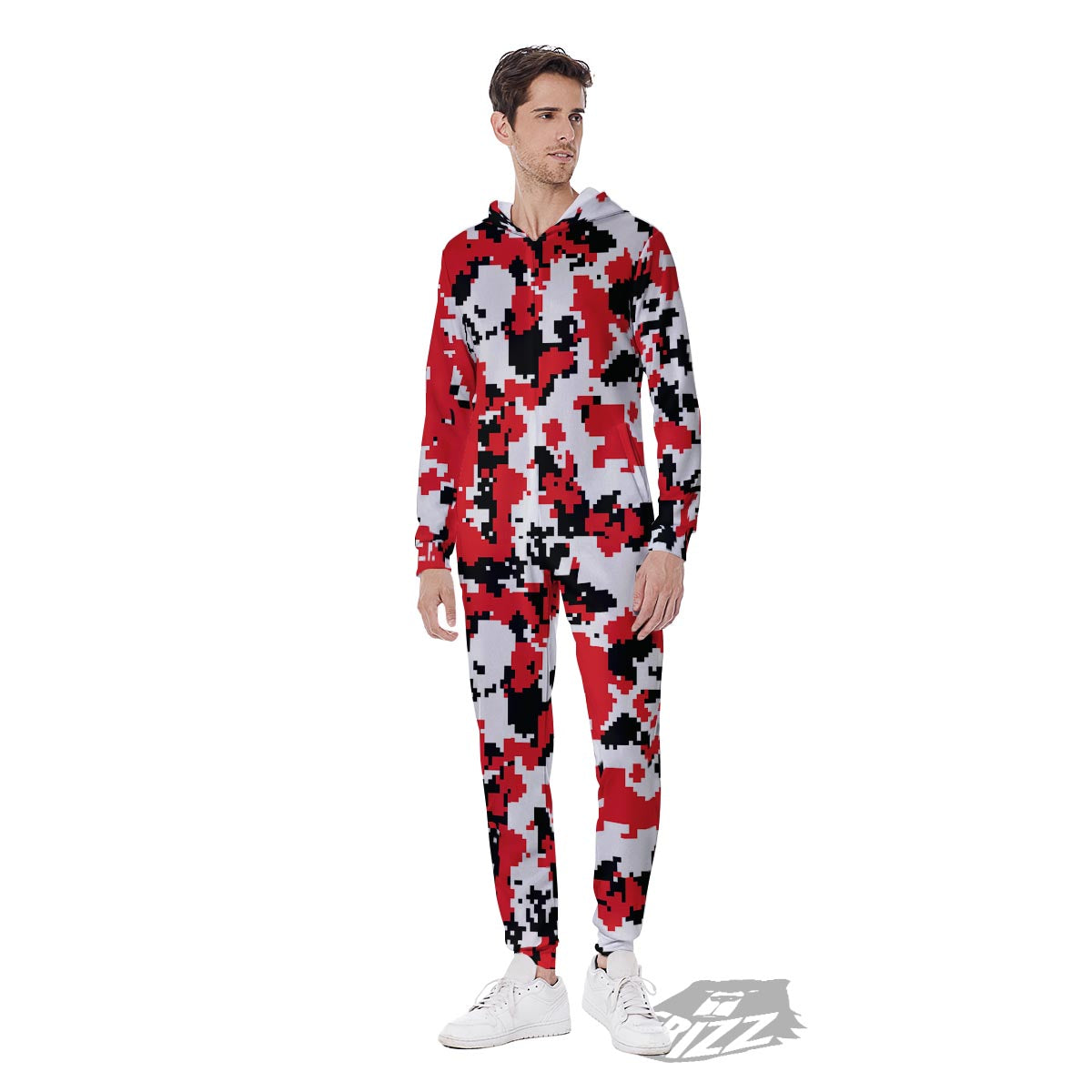 Digital Camo Red White And Black Print Pattern Men's Jumpsuit-grizzshop