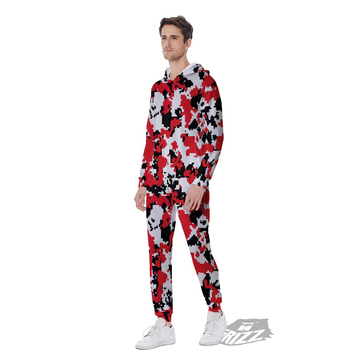 Digital Camo Red White And Black Print Pattern Men's Jumpsuit-grizzshop