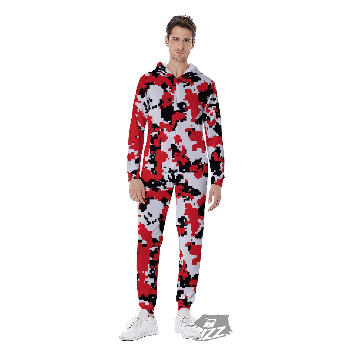 Digital Camo Red White And Black Print Pattern Men's Jumpsuit-grizzshop