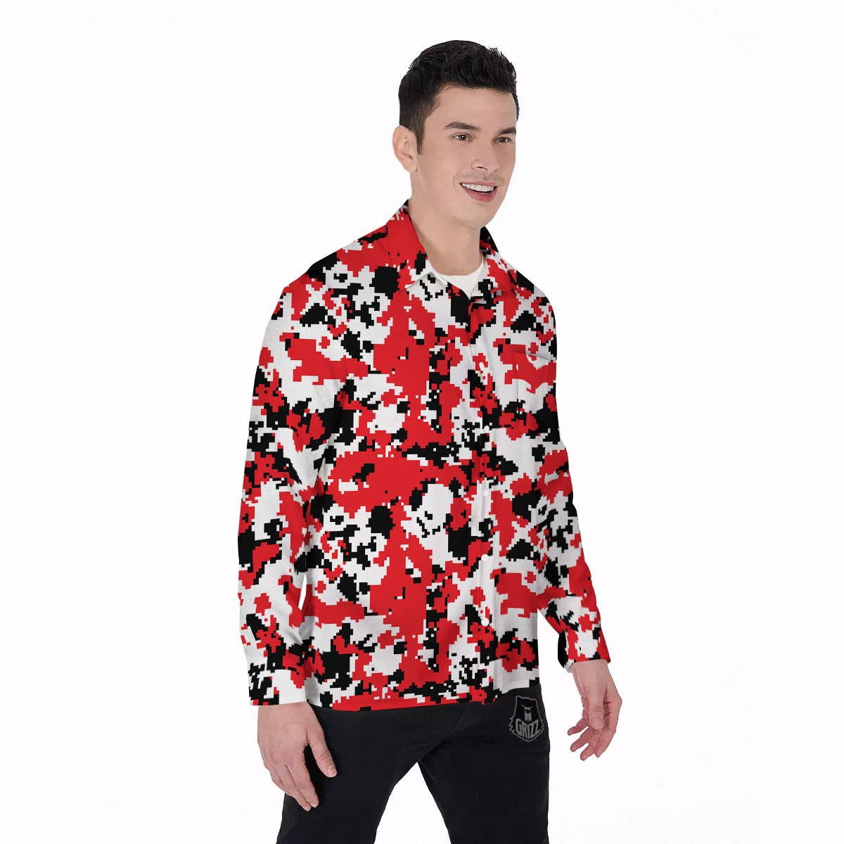 Digital Camo Red White And Black Print Pattern Men's Long Sleeve Shirts-grizzshop