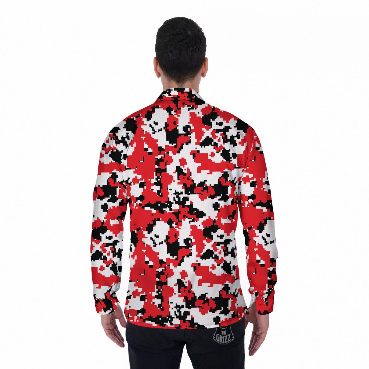 Digital Camo Red White And Black Print Pattern Men's Long Sleeve Shirts-grizzshop