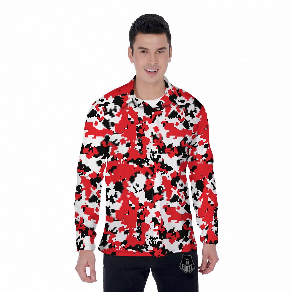 Digital Camo Red White And Black Print Pattern Men's Long Sleeve Shirts-grizzshop