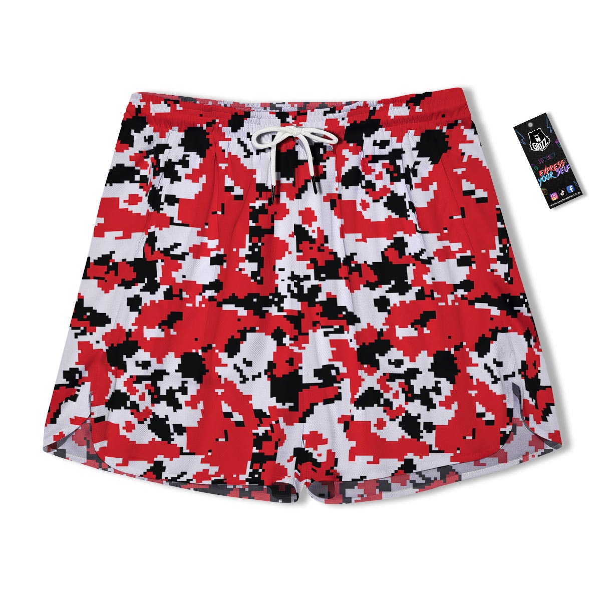 Digital Camo Red White And Black Print Pattern Men's Running Shorts-grizzshop