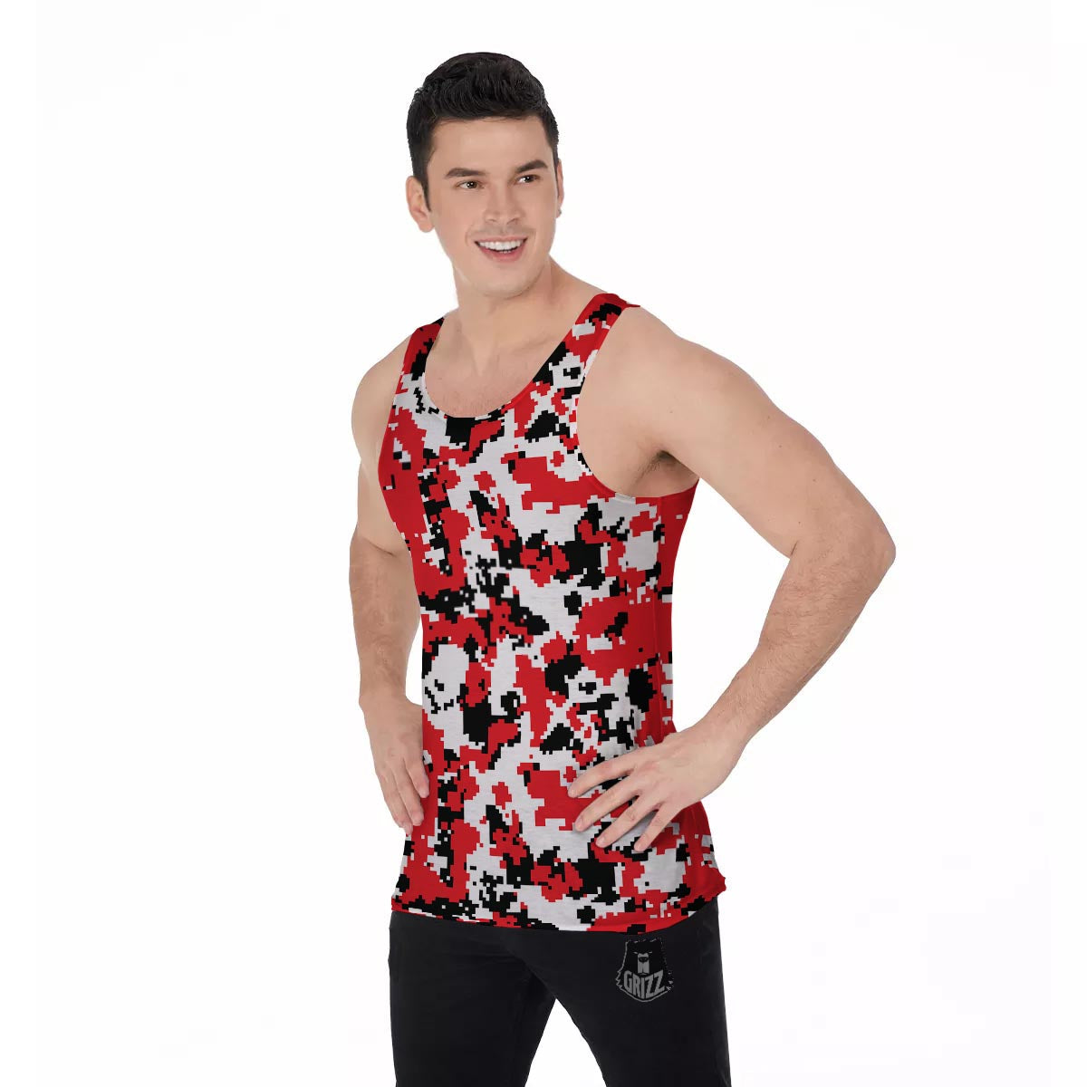 Digital Camo Red White And Black Print Pattern Men's Tank Top-grizzshop