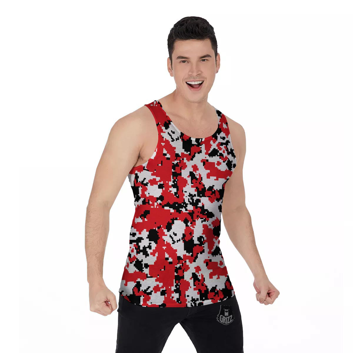Digital Camo Red White And Black Print Pattern Men's Tank Top-grizzshop