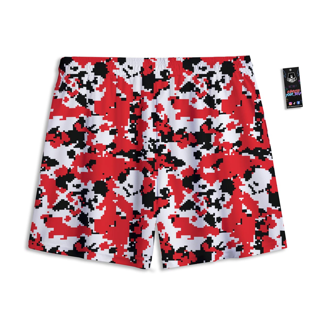 Digital Camo Red White And Black Print Pattern Mesh Shorts