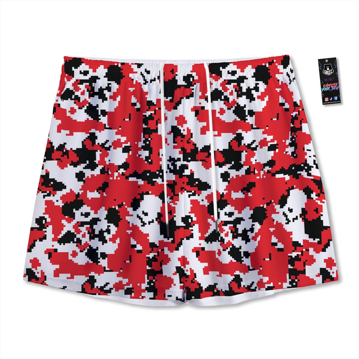 Digital Camo Red White And Black Print Pattern Mesh Shorts