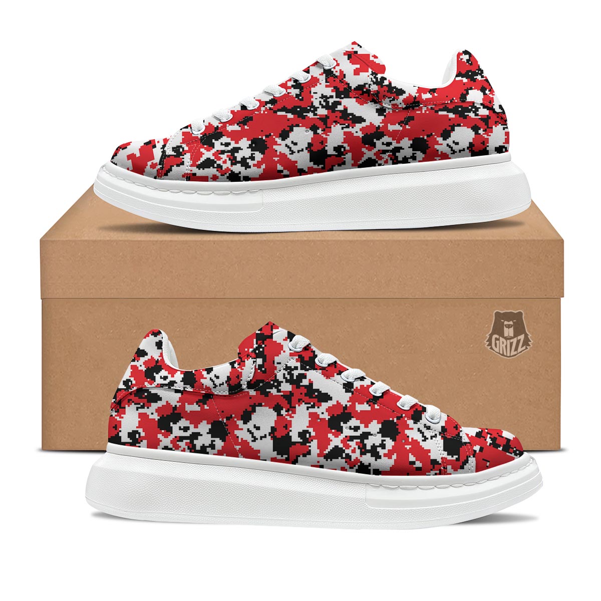 Digital Camo Red White And Black Print Pattern Platform Shoes-grizzshop