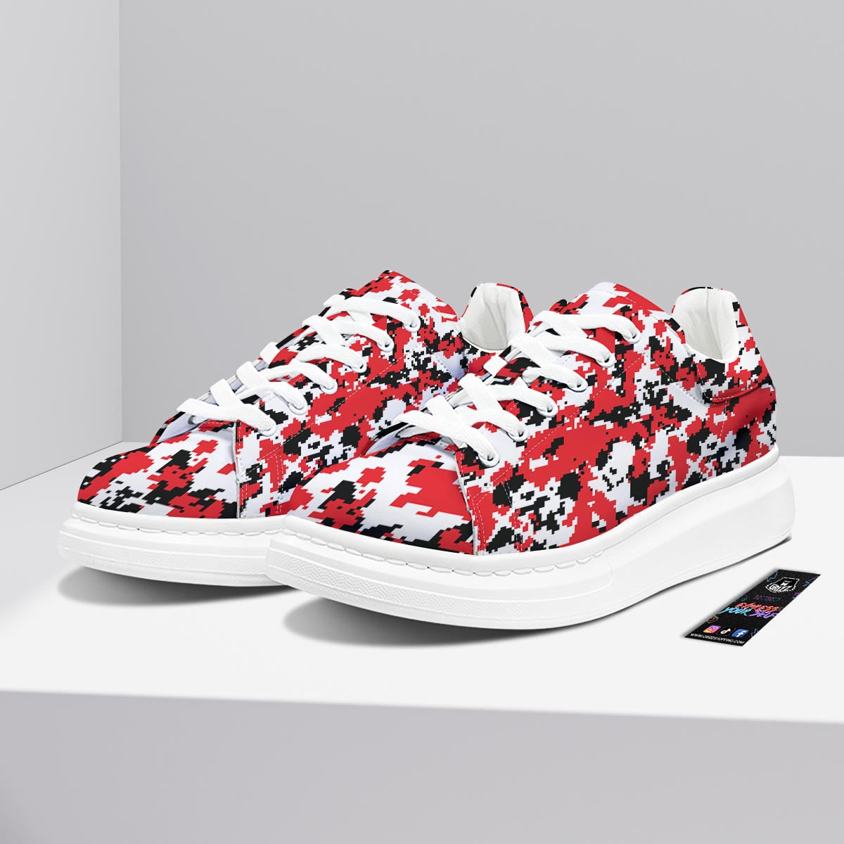 Digital Camo Red White And Black Print Pattern Platform Shoes-grizzshop