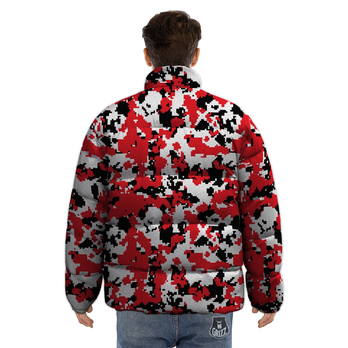 Digital Camo Red White And Black Print Pattern Puffer Jacket-grizzshop