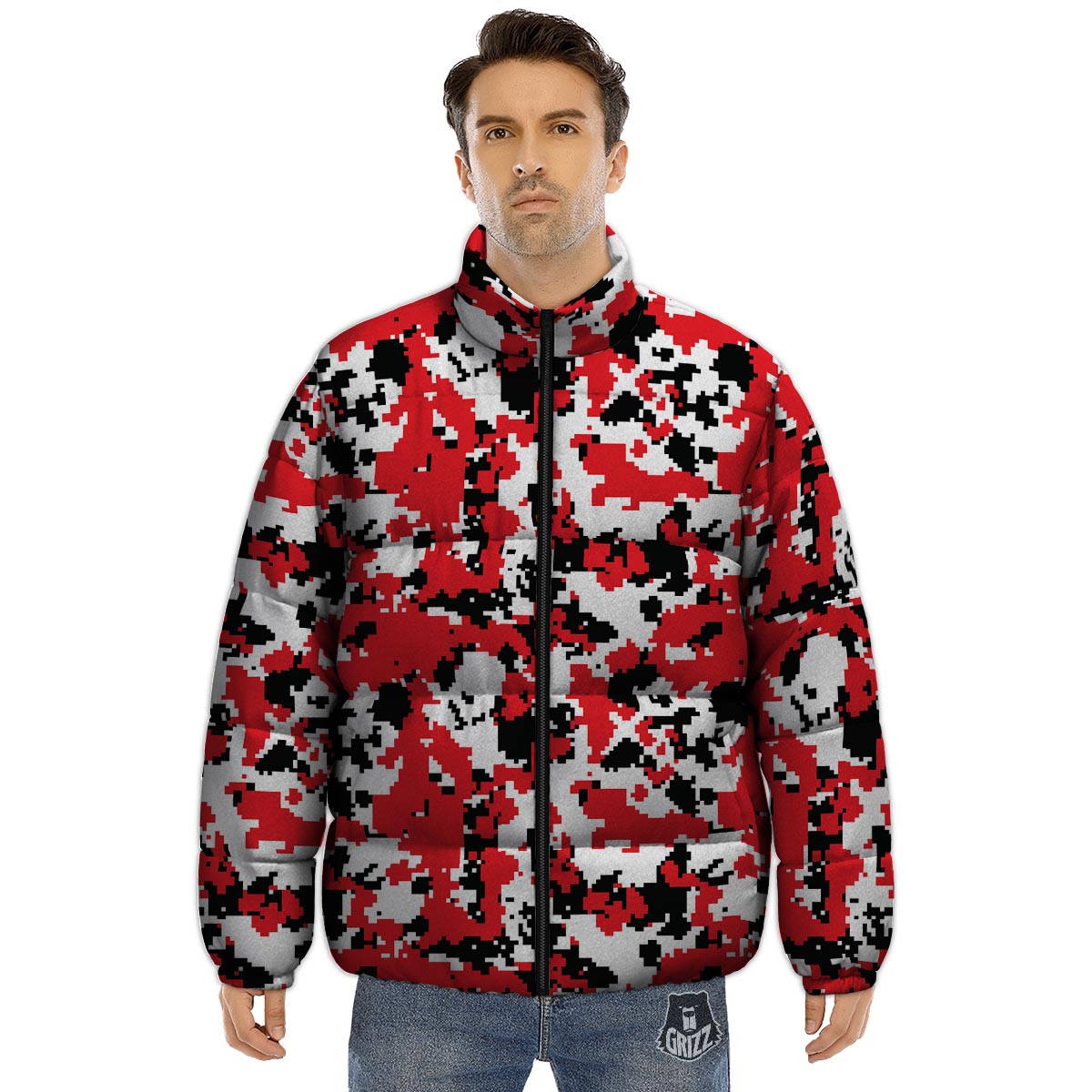 Digital Camo Red White And Black Print Pattern Puffer Jacket-grizzshop
