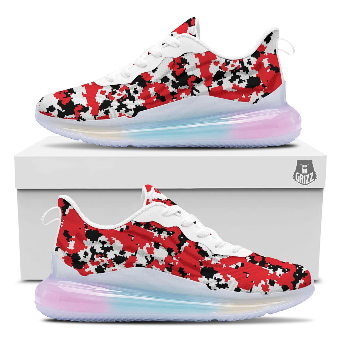 Digital Camo Red White And Black Print Pattern Running Sneakers-grizzshop