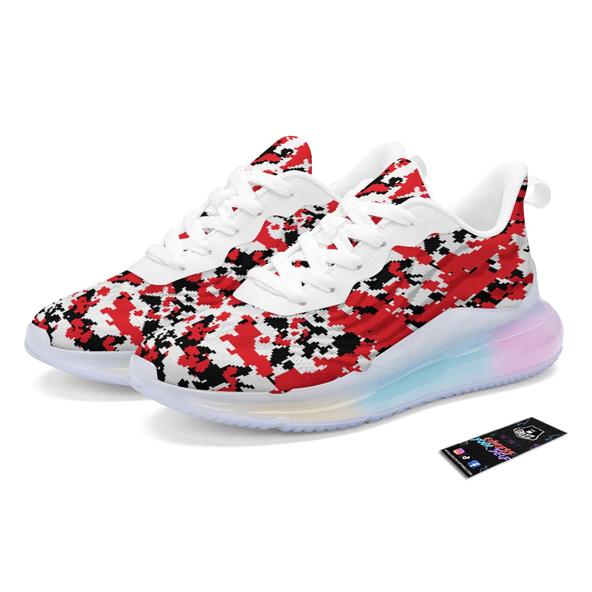 Digital Camo Red White And Black Print Pattern Running Sneakers-grizzshop