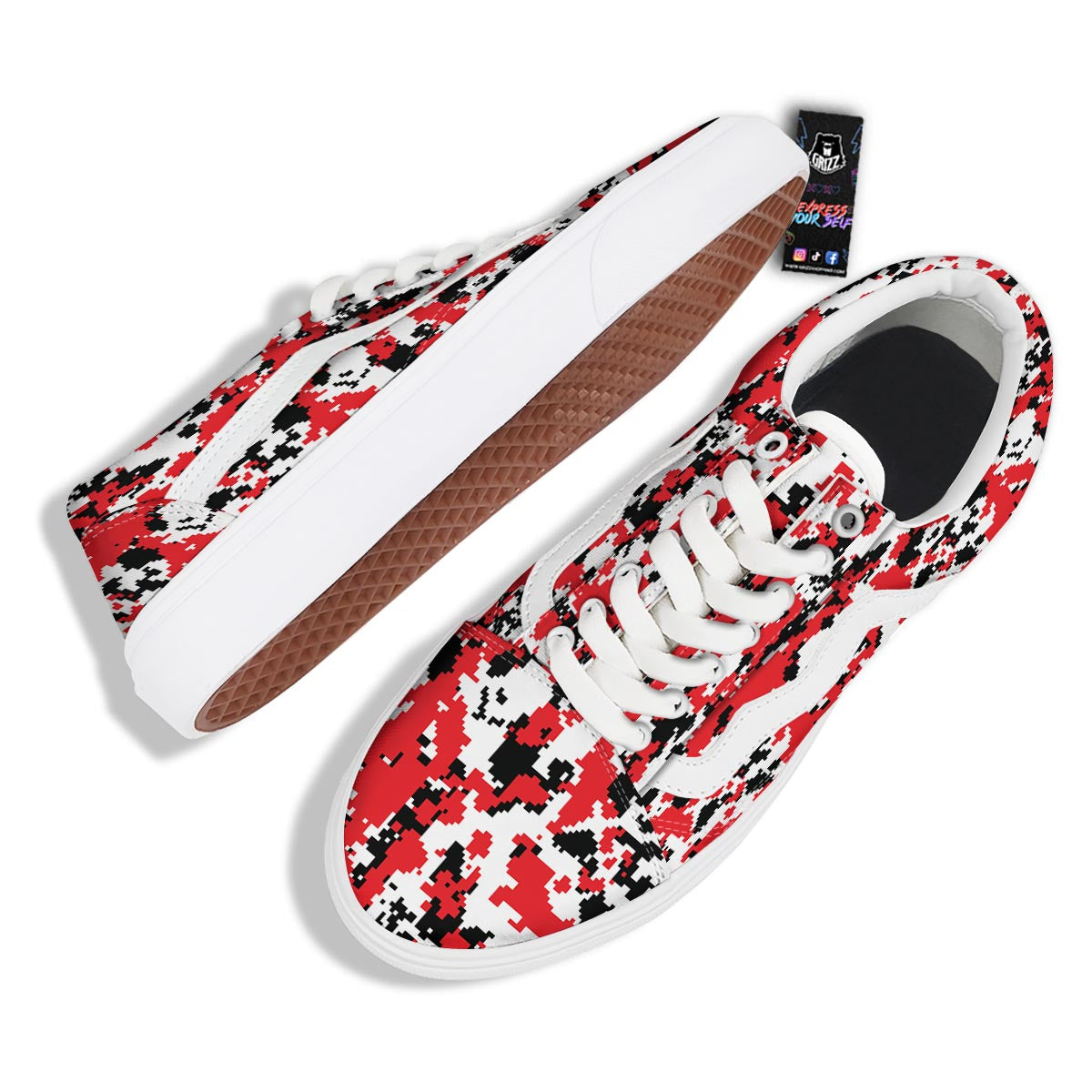 Digital Camo Red White And Black Print Pattern Skate Shoes-grizzshop