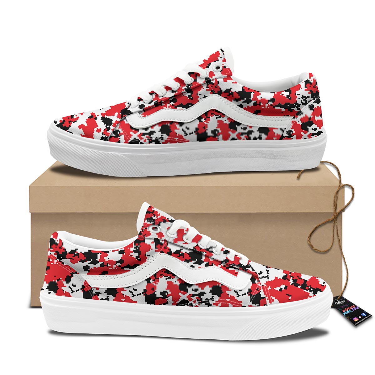 Digital Camo Red White And Black Print Pattern Skate Shoes-grizzshop