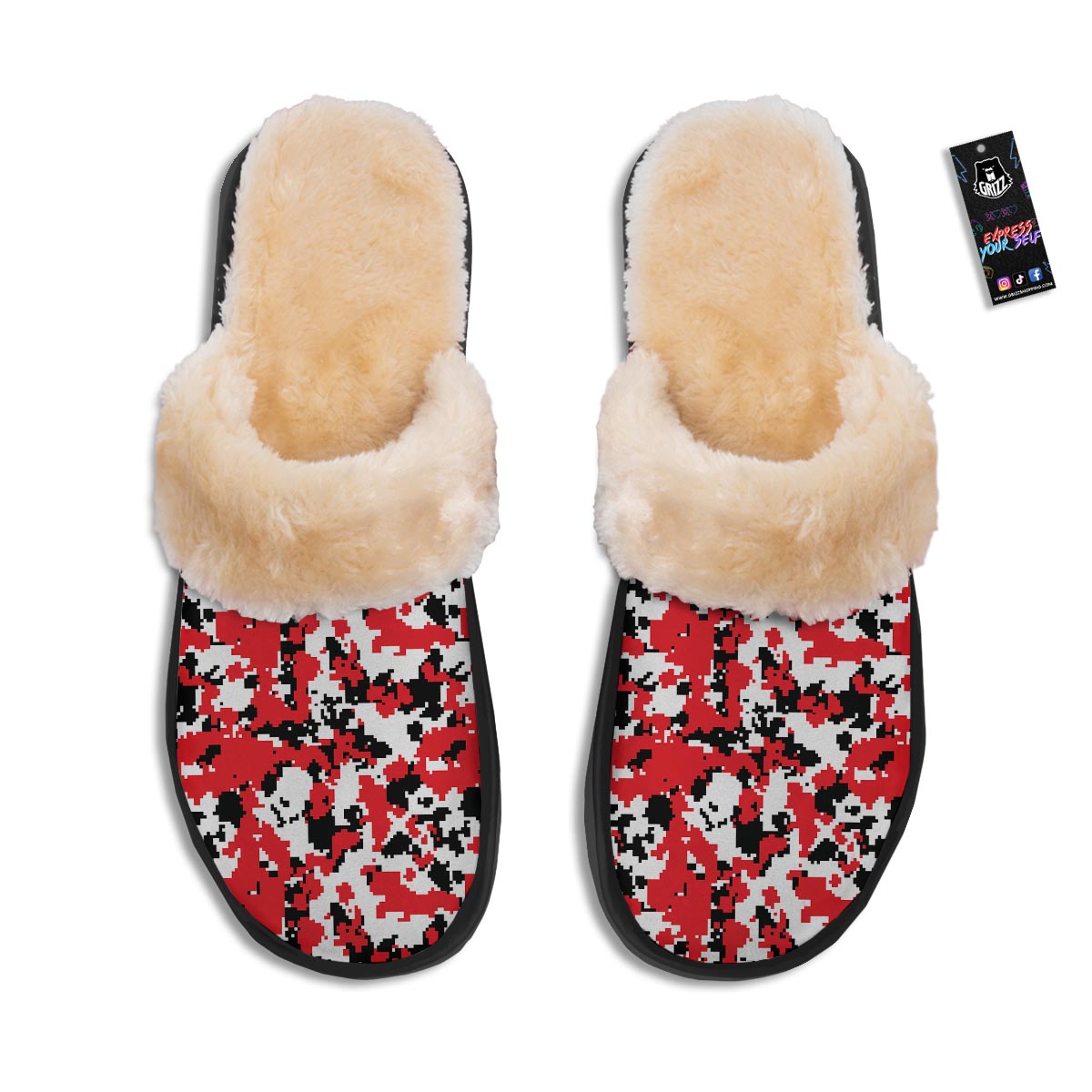 Digital Camo Red White And Black Print Pattern Slippers-grizzshop