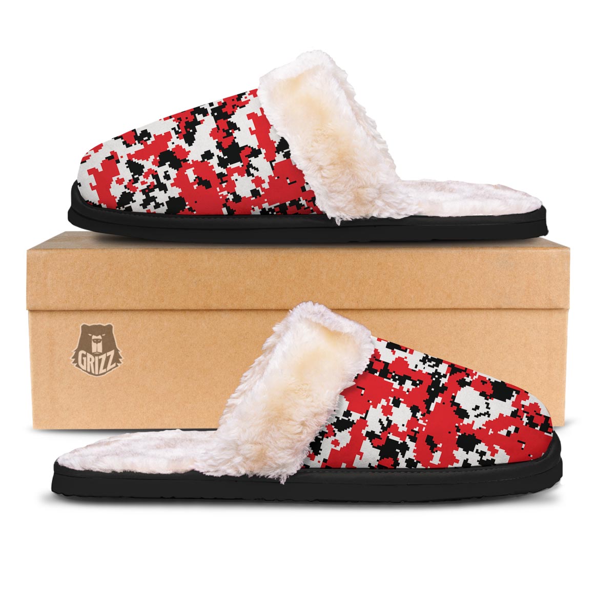 Digital Camo Red White And Black Print Pattern Slippers-grizzshop