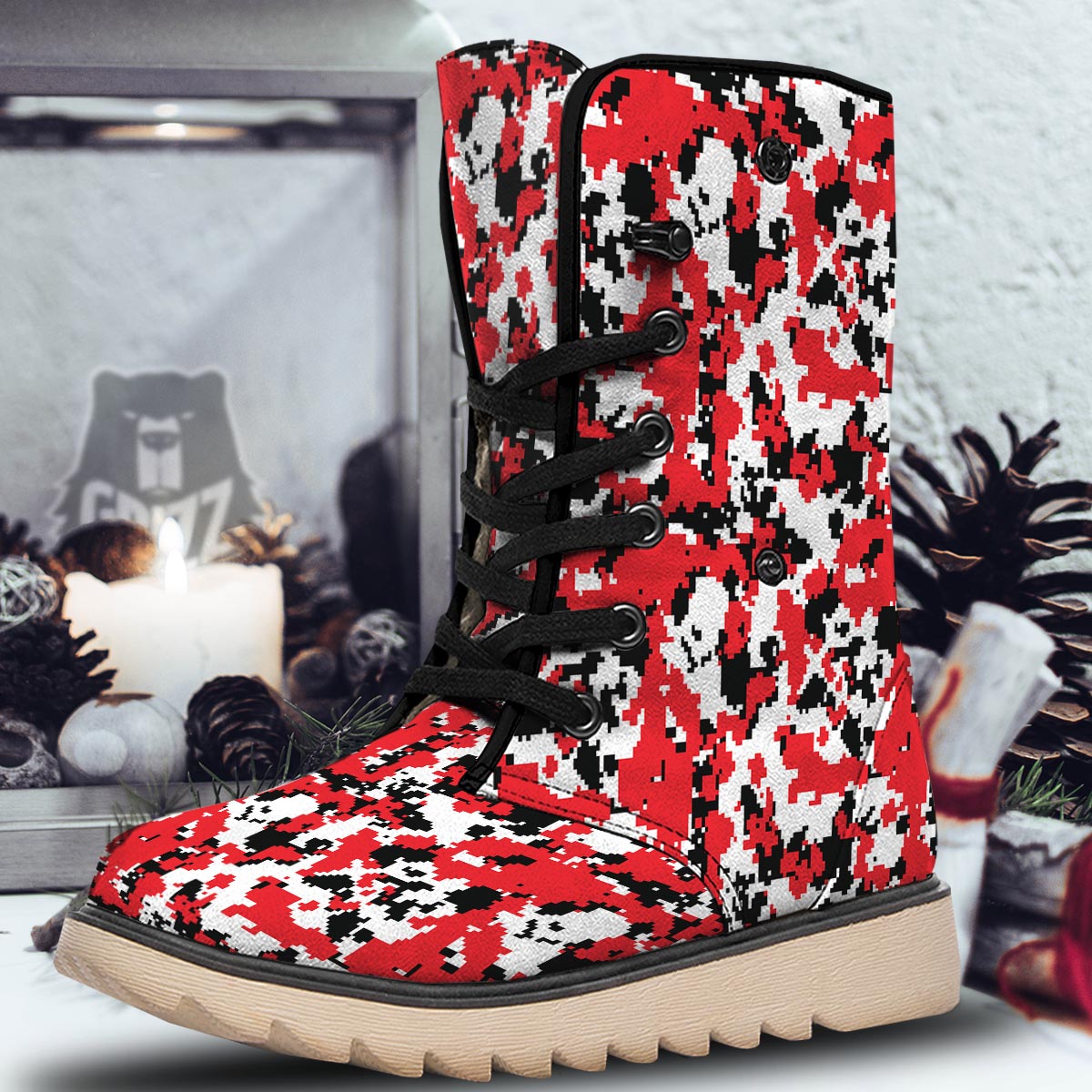 Digital Camo Red White And Black Print Pattern Snow Boots-grizzshop