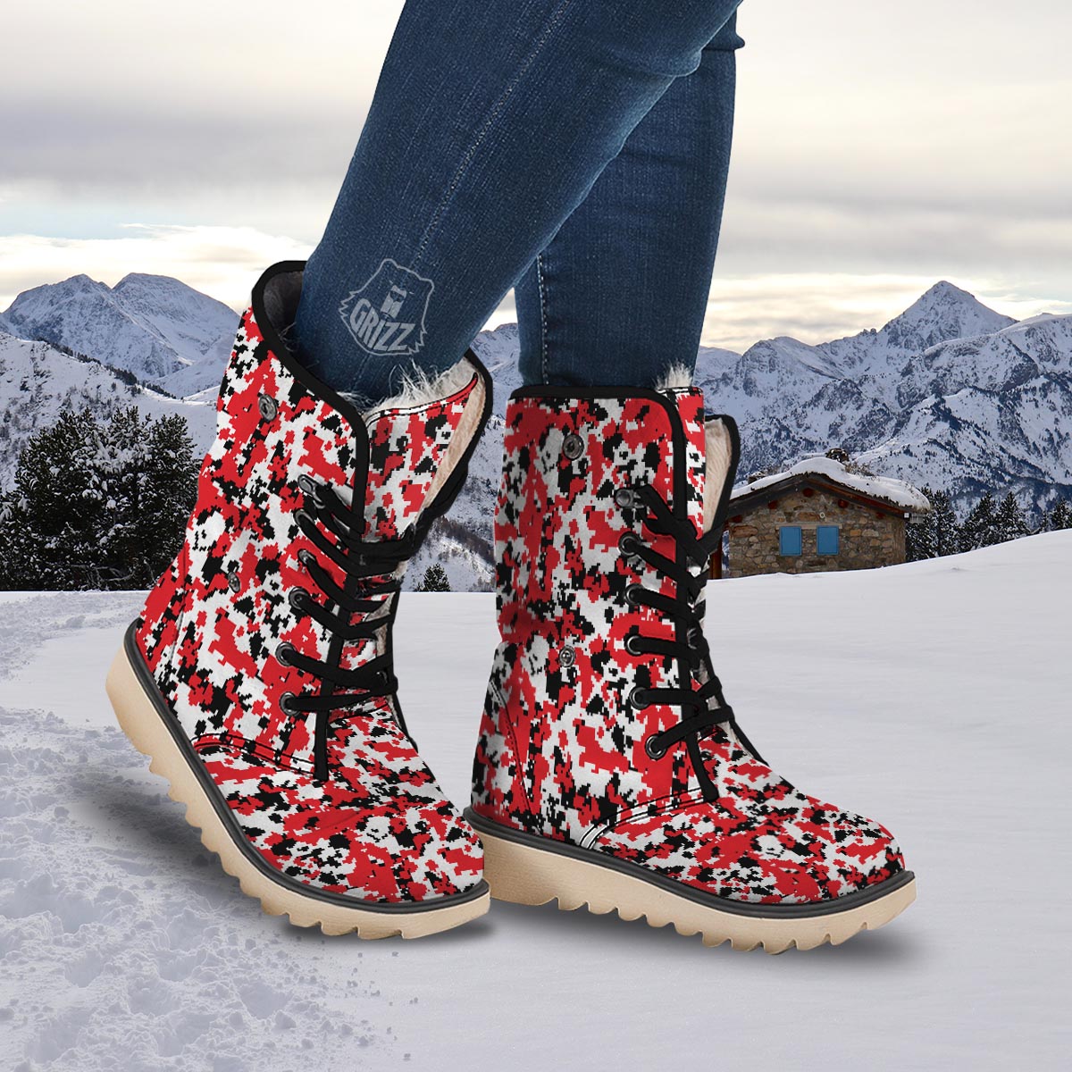 Digital Camo Red White And Black Print Pattern Snow Boots-grizzshop
