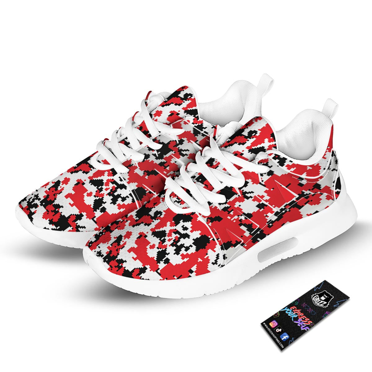 Digital Camo Red White And Black Print Pattern Tennis Shoes-grizzshop