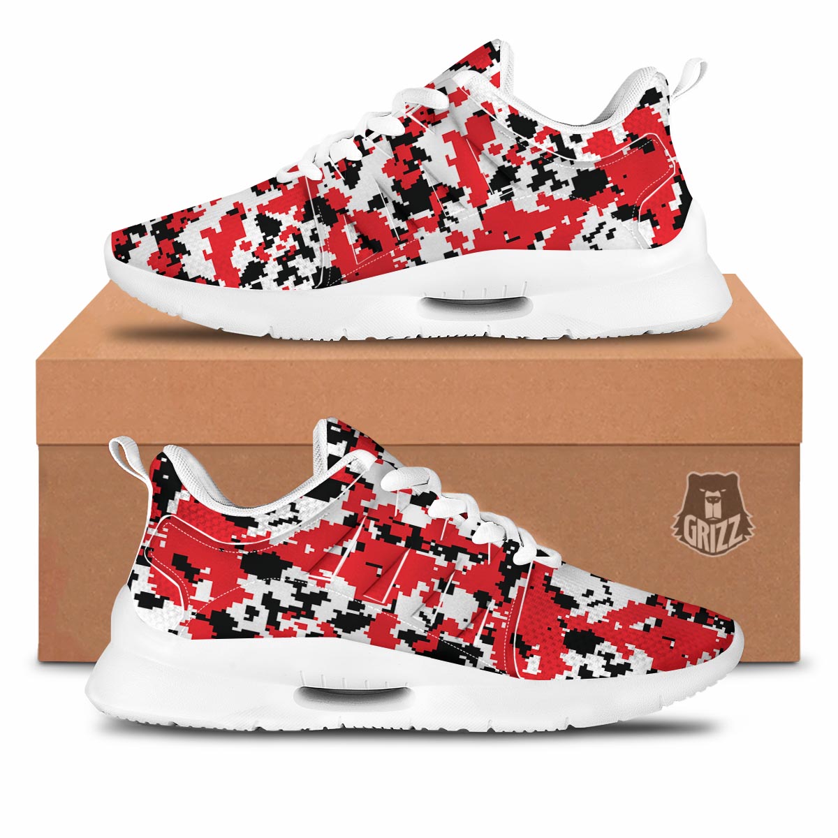 Digital Camo Red White And Black Print Pattern Tennis Shoes-grizzshop