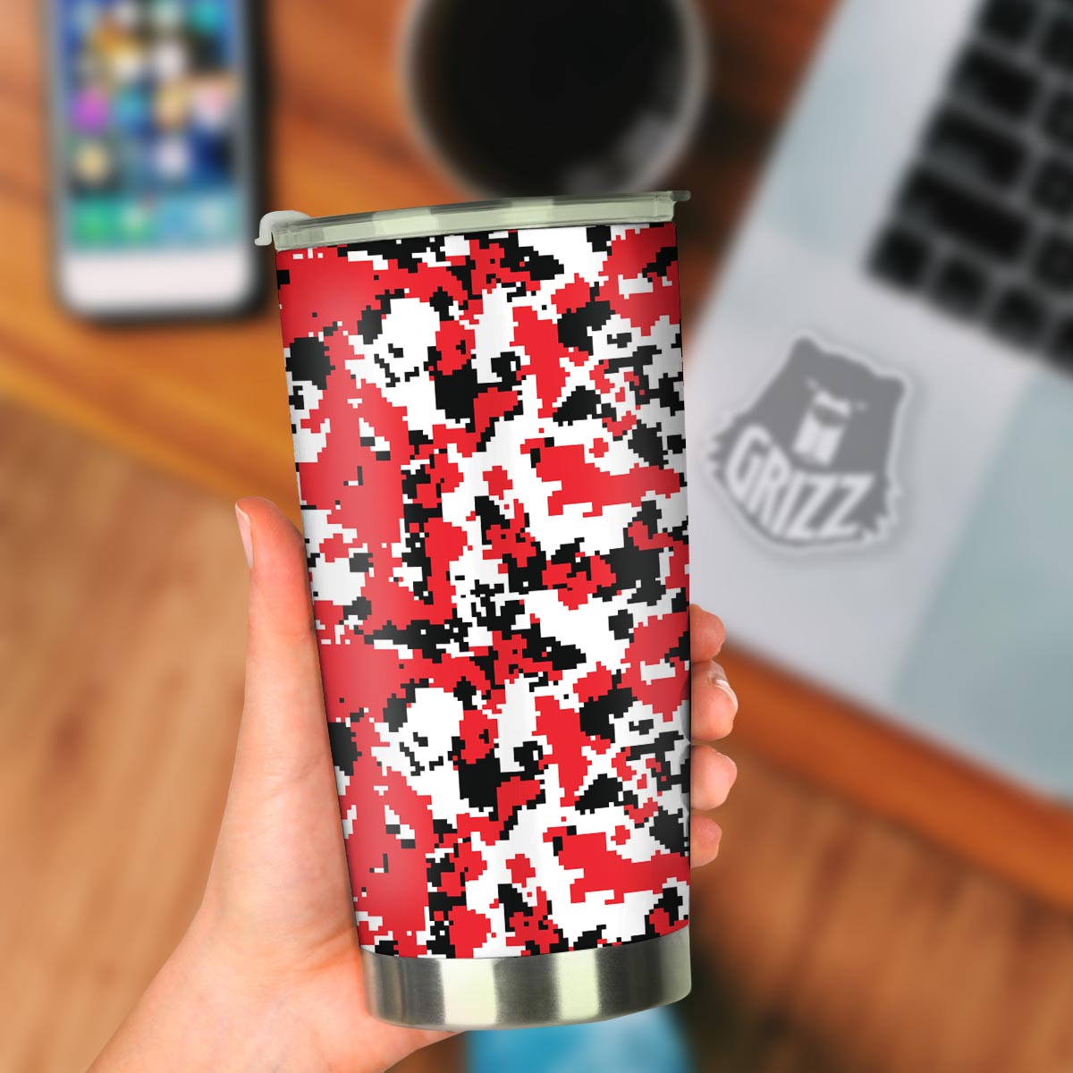 Digital Camo Red White And Black Print Pattern Tumbler-grizzshop