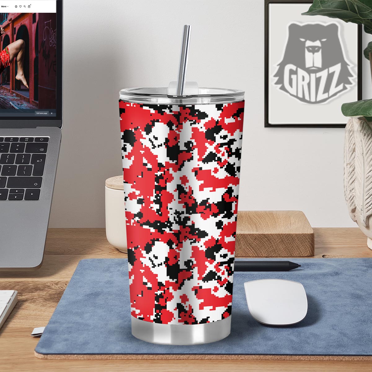 Digital Camo Red White And Black Print Pattern Tumbler-grizzshop