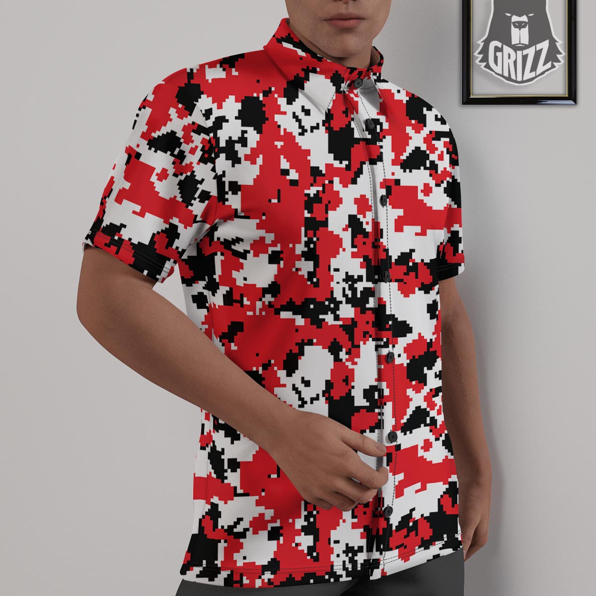 Digital Camo Red White And Black Print Pattern Untucked Shirts-grizzshop