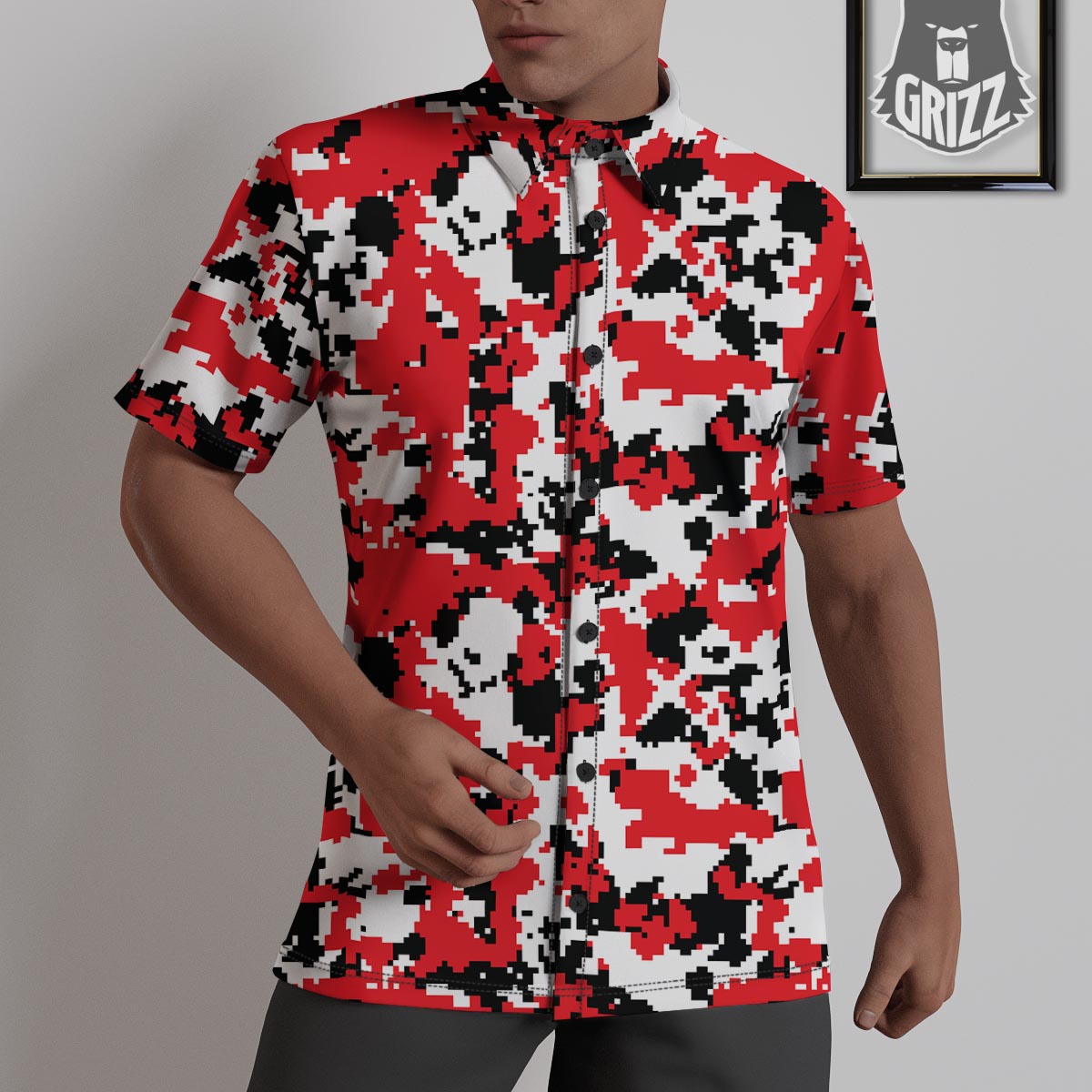 Digital Camo Red White And Black Print Pattern Untucked Shirts-grizzshop