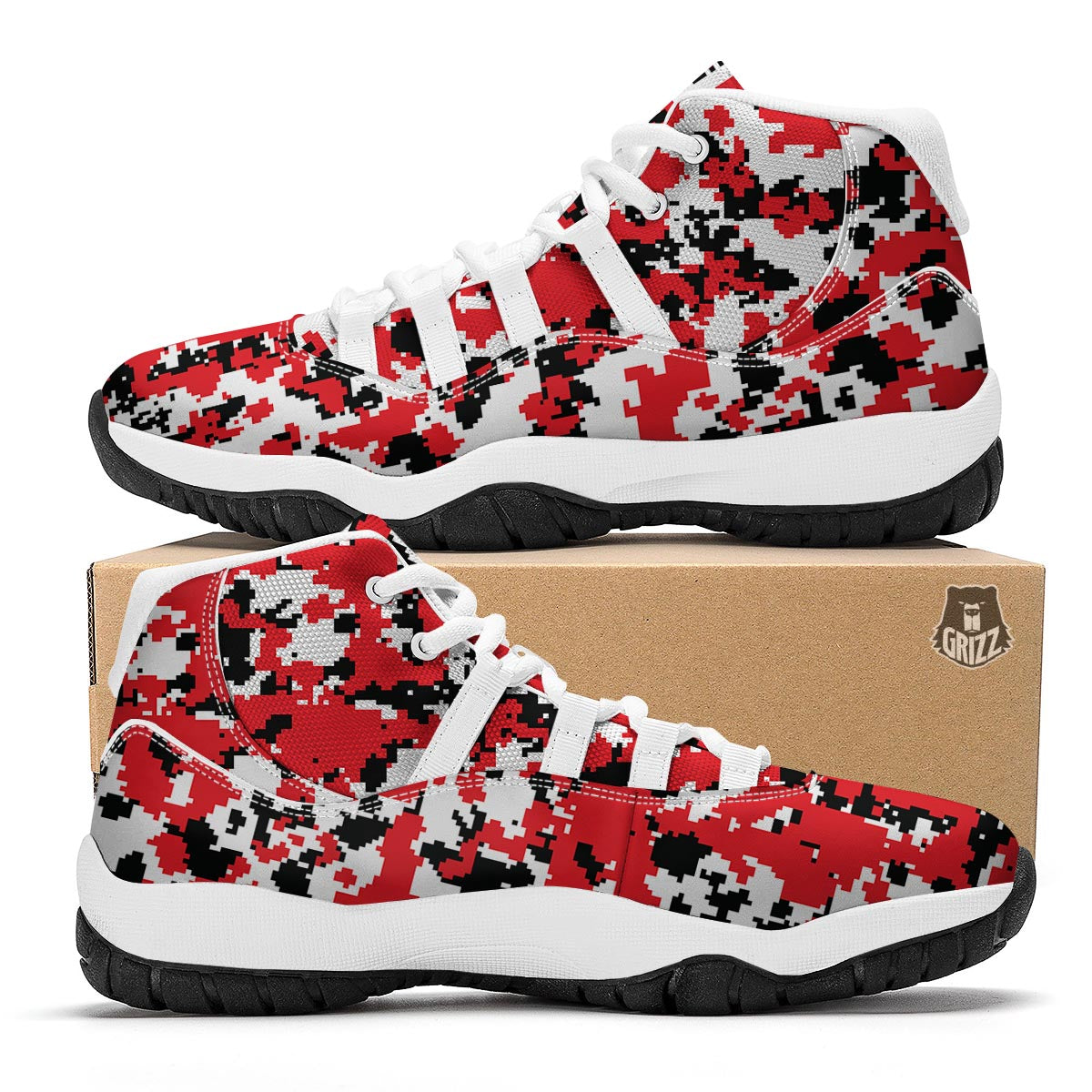 Digital Camo Red White And Black Print Pattern White Bball Shoes-grizzshop