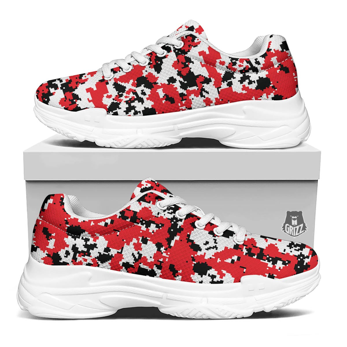 Digital Camo Red White And Black Print Pattern White Chunky Shoes-grizzshop