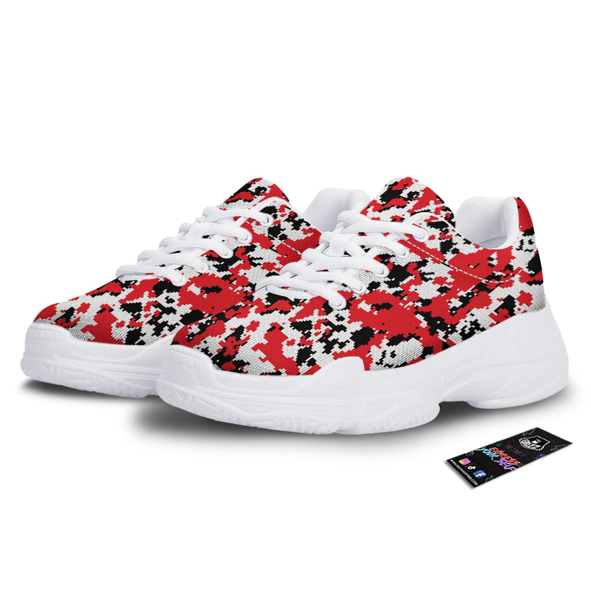 Digital Camo Red White And Black Print Pattern White Chunky Shoes-grizzshop