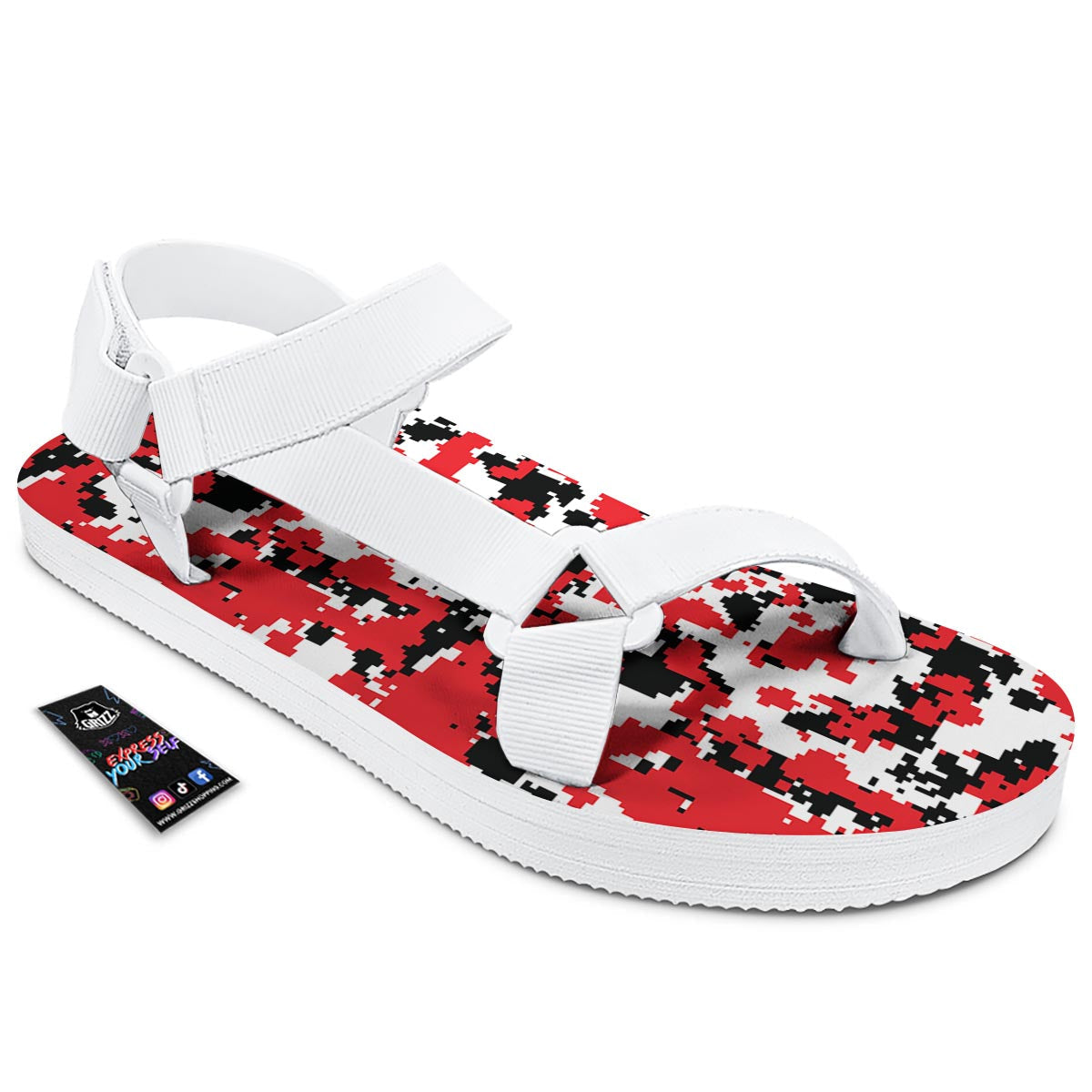 Digital Camo Red White And Black Print Pattern White Open Toe Sandals-grizzshop