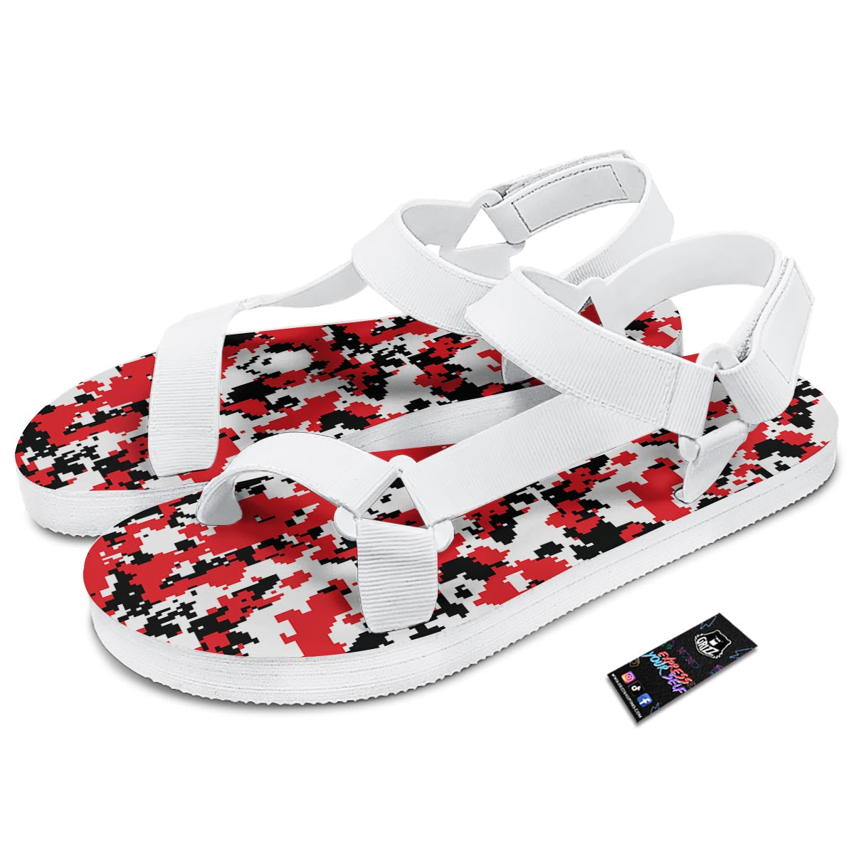 Digital Camo Red White And Black Print Pattern White Open Toe Sandals-grizzshop