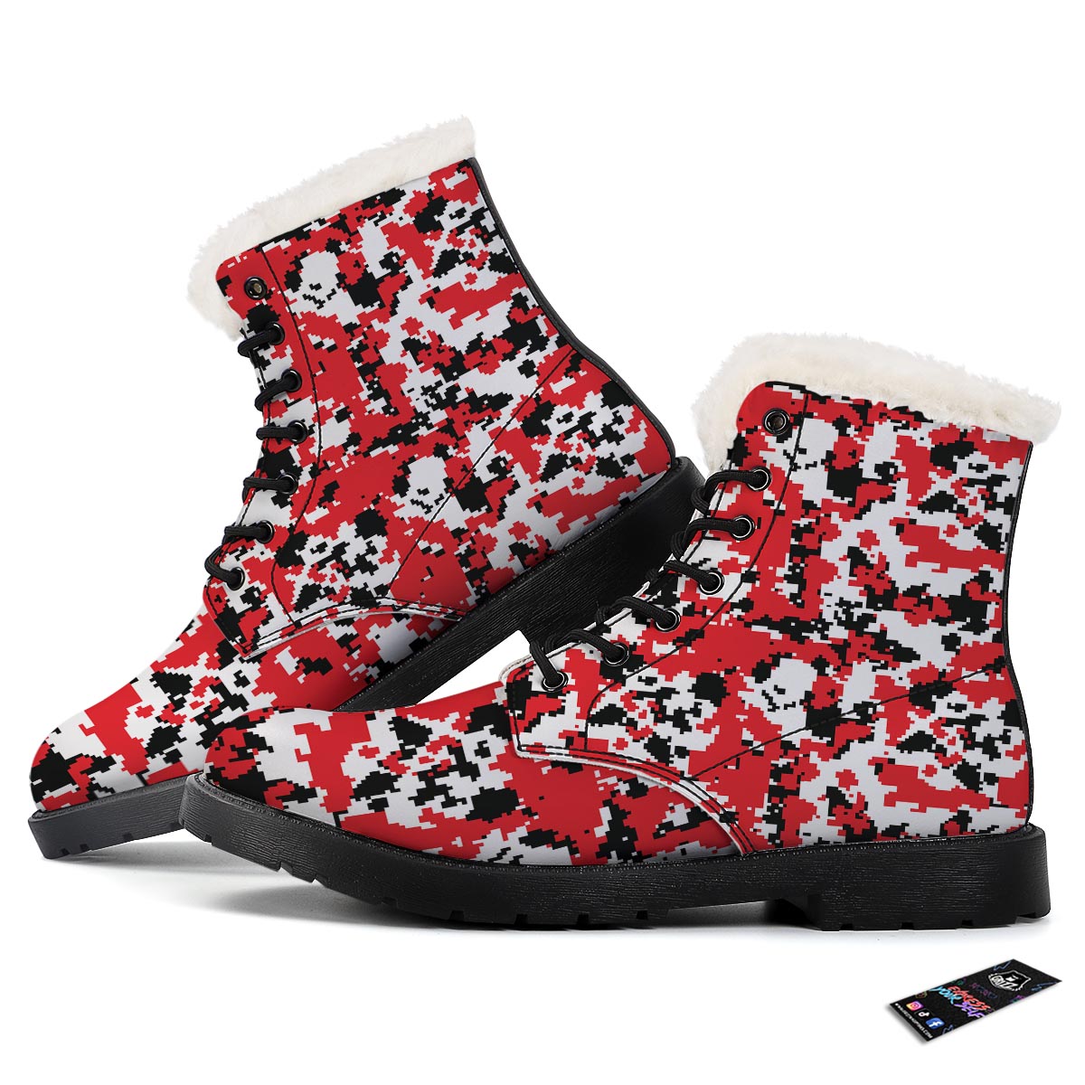Digital Camo Red White And Black Print Pattern Winter Boots-grizzshop