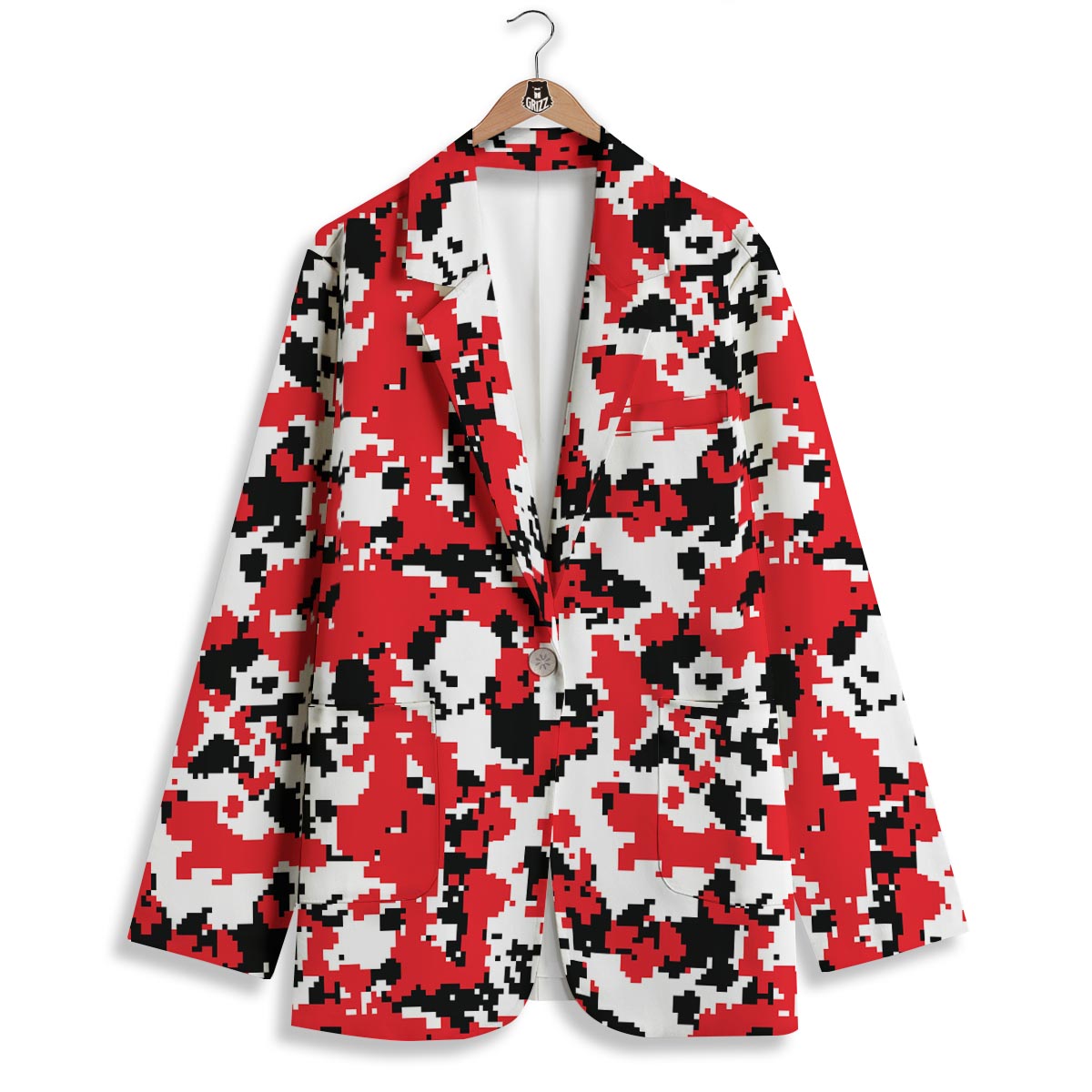 Digital Camo Red White And Black Print Pattern Women's Blazer-grizzshop