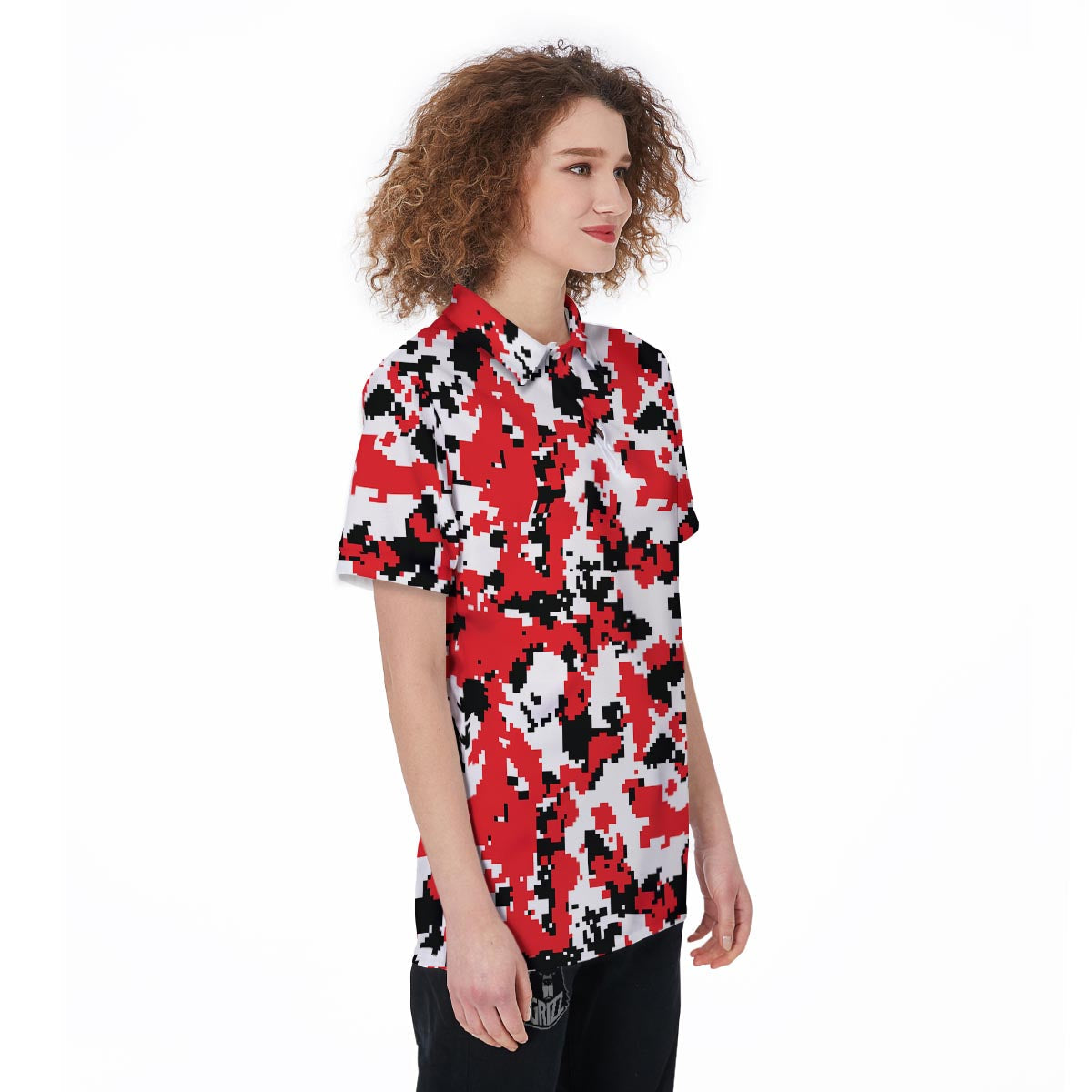 Digital Camo Red White And Black Print Pattern Women's Golf Shirts-grizzshop