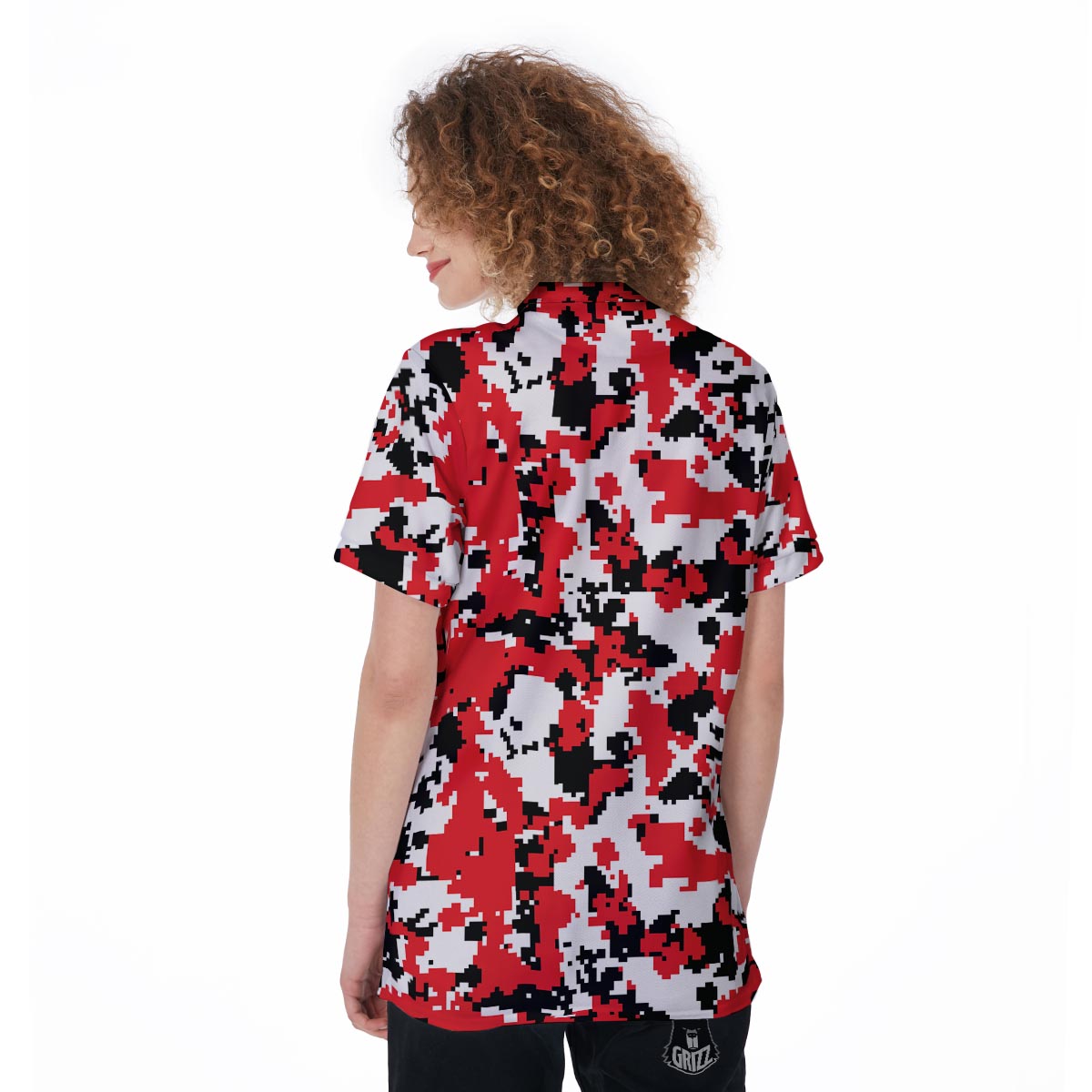 Digital Camo Red White And Black Print Pattern Women's Golf Shirts-grizzshop