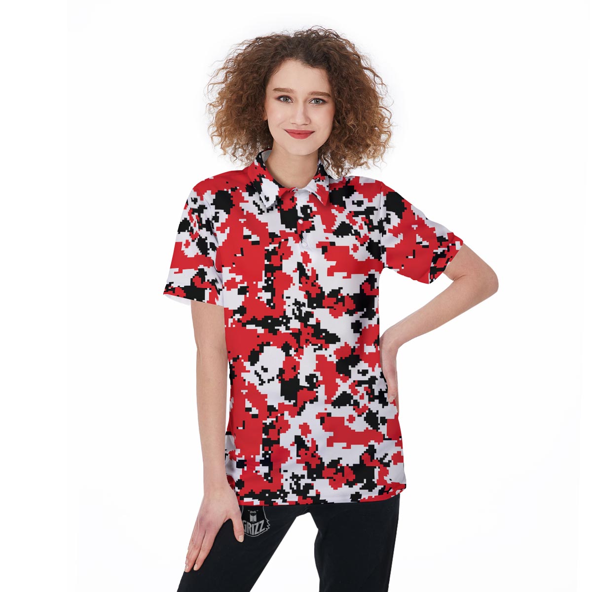 Digital Camo Red White And Black Print Pattern Women's Golf Shirts-grizzshop