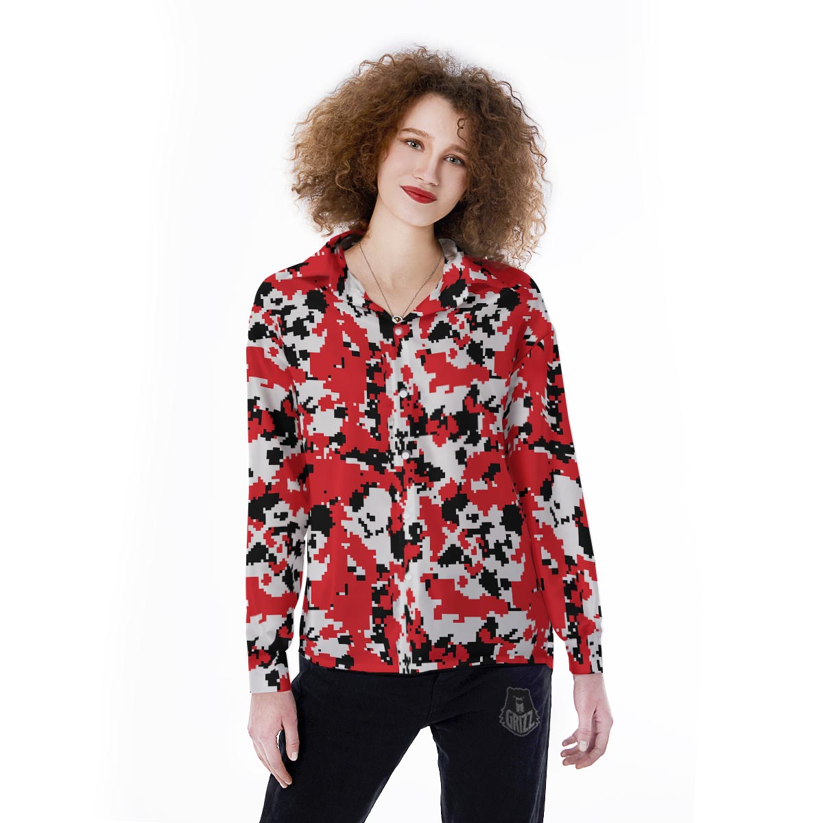 Digital Camo Red White And Black Print Pattern Women's Long Sleeve Shirts-grizzshop