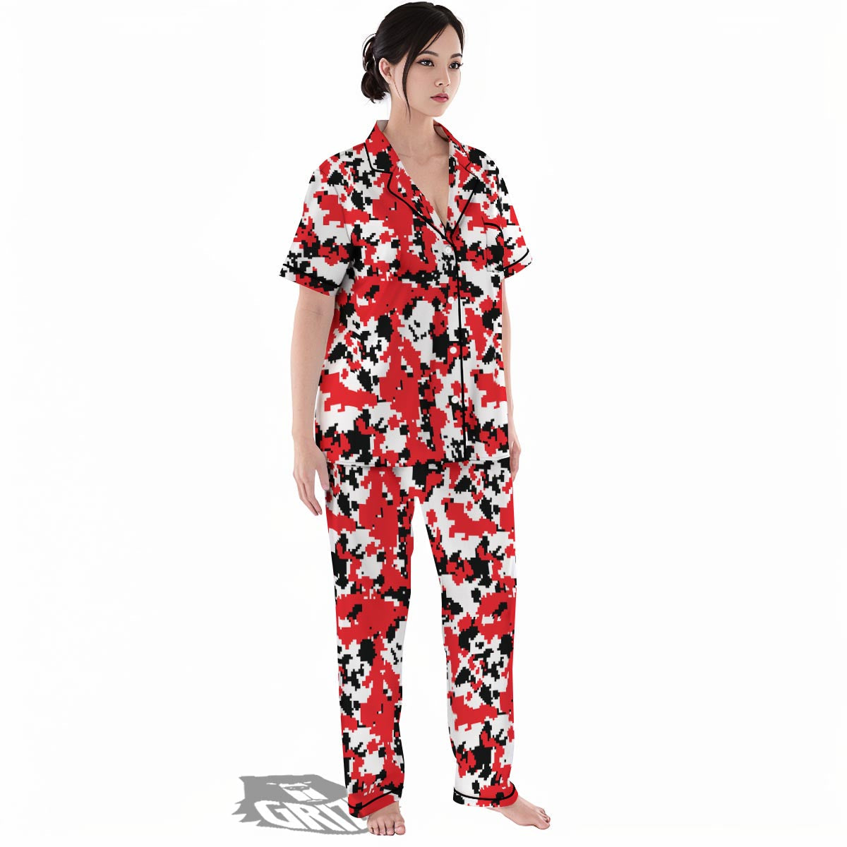 Digital Camo Red White And Black Print Pattern Women's Pajamas Set-grizzshop