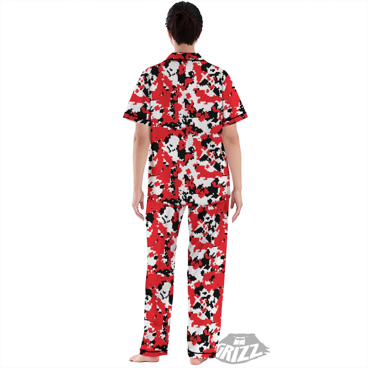 Digital Camo Red White And Black Print Pattern Women's Pajamas Set-grizzshop