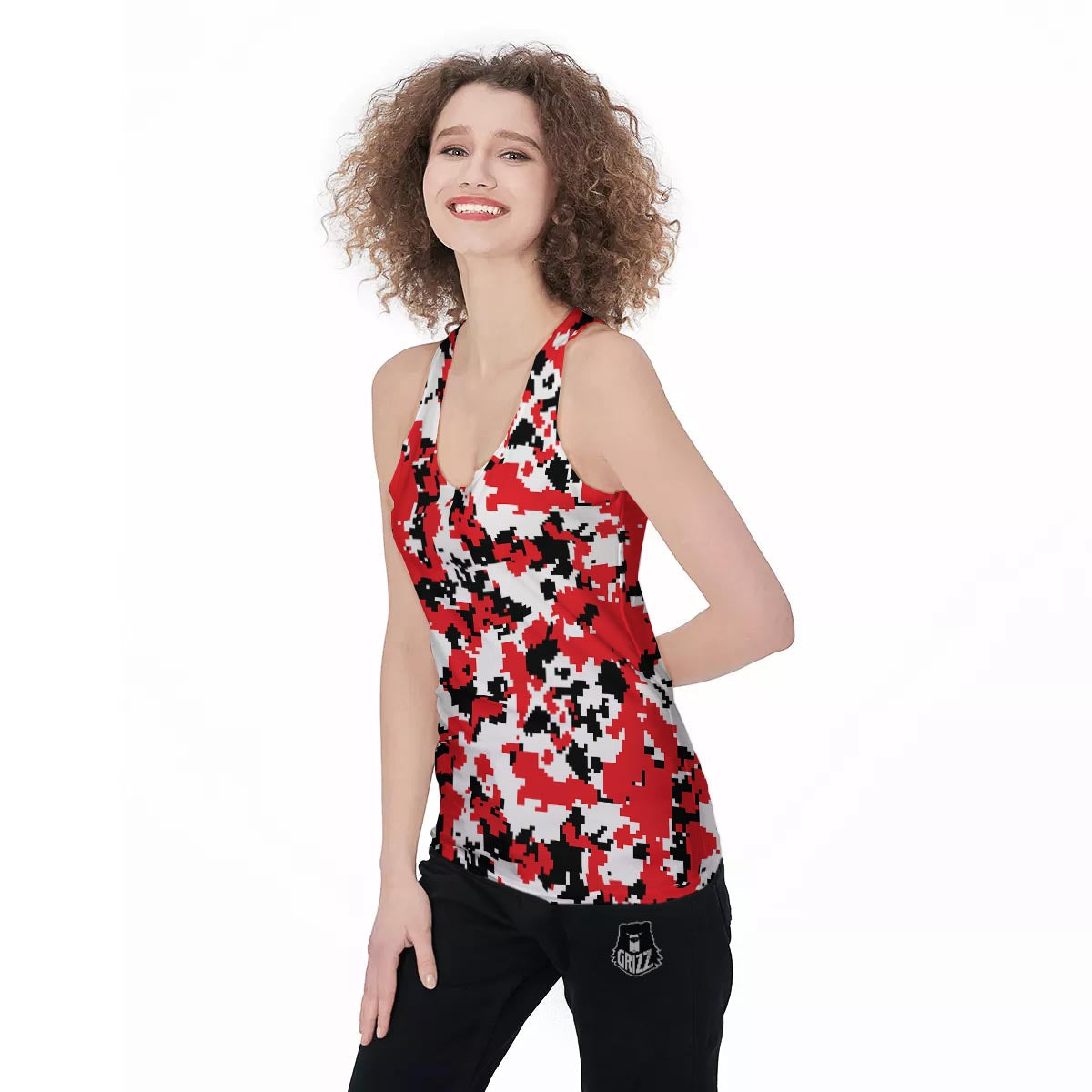 Digital Camo Red White And Black Print Pattern Women's Racerback Tank Top-grizzshop