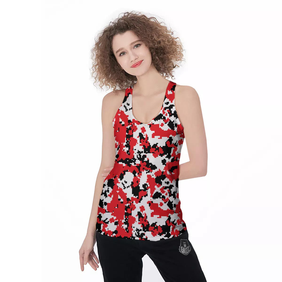 Digital Camo Red White And Black Print Pattern Women's Racerback Tank Top-grizzshop