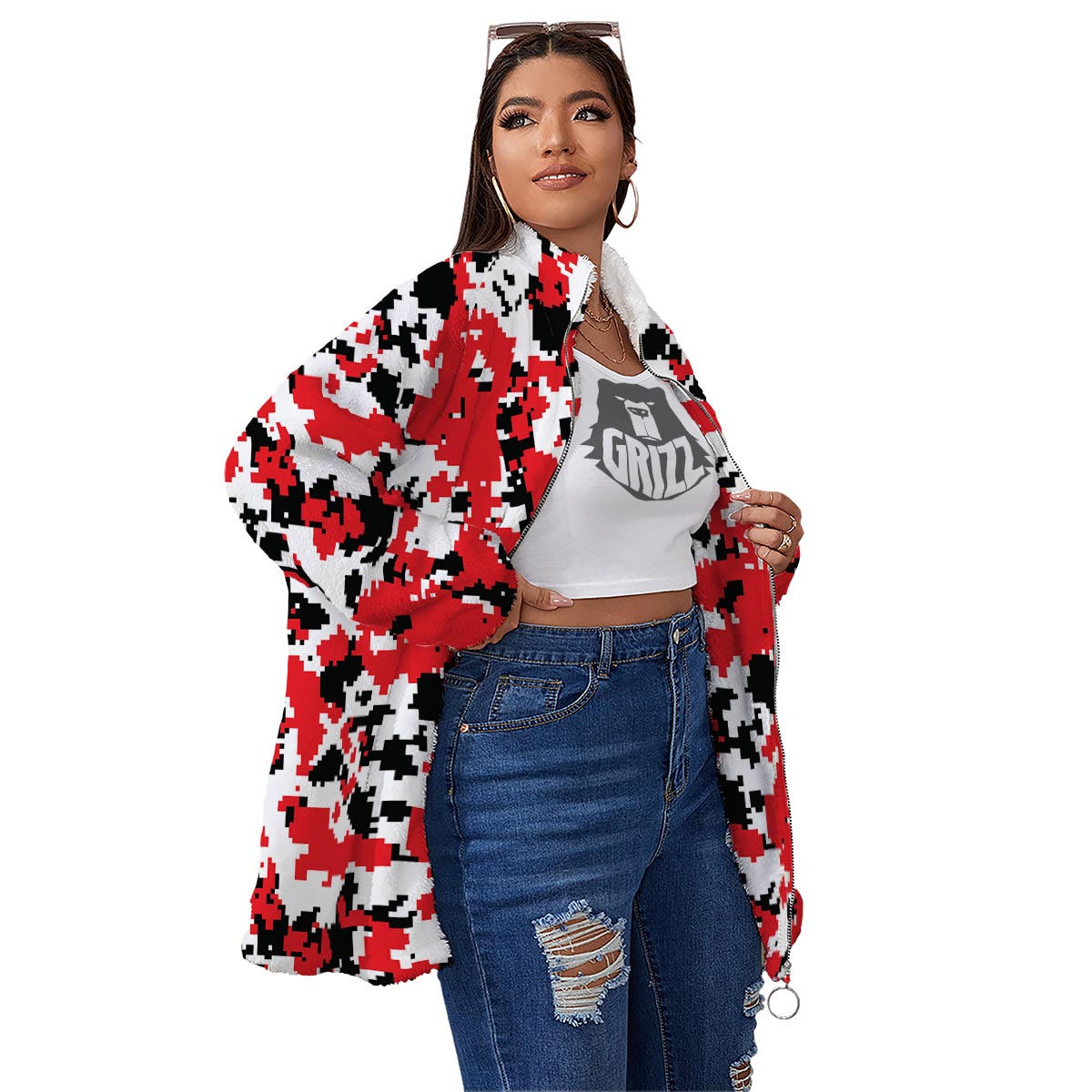 Digital Camo Red White And Black Print Pattern Women's Sherpa Jacket-grizzshop
