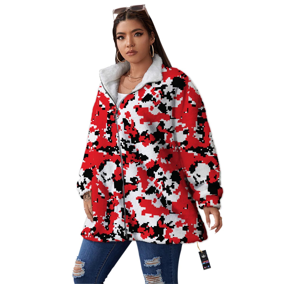 Digital Camo Red White And Black Print Pattern Women's Sherpa Jacket-grizzshop