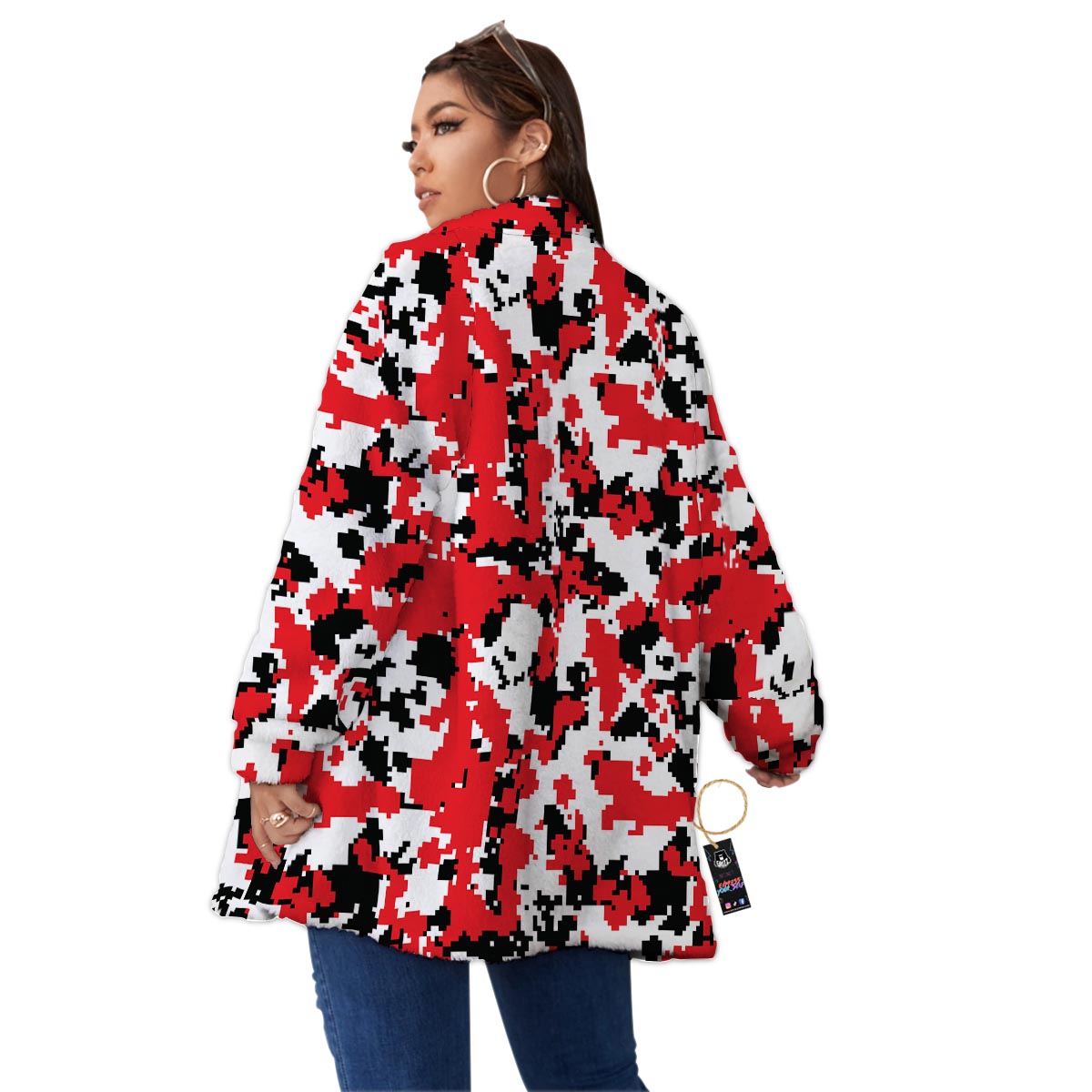 Digital Camo Red White And Black Print Pattern Women's Sherpa Jacket-grizzshop
